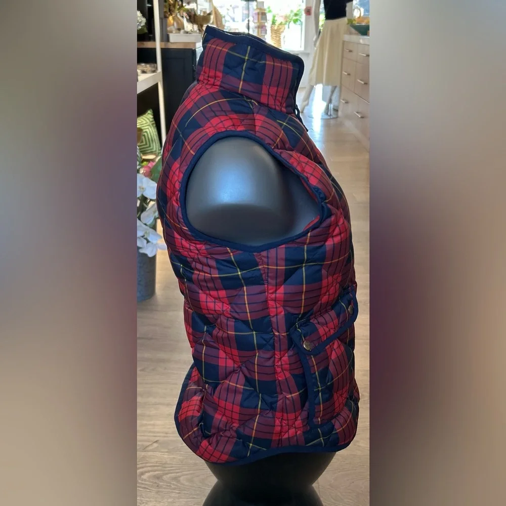 J Crew Excursion Red Navy Size XXS Quilted Vest Down Plaid Puffer Tartan